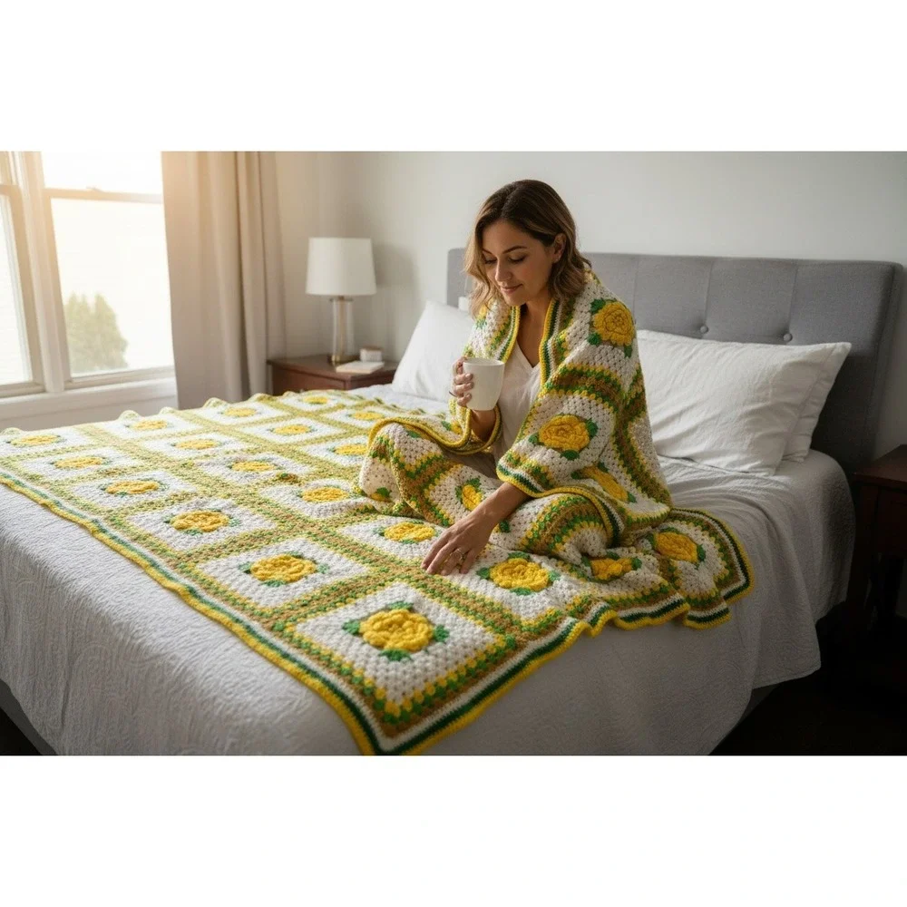 Vintage 70s Hand Crooked Granny Square Afghan Blanket 3D Yellow Flower Rose 48x7